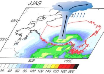 Spatial distribution of the number of IDCs per rainy season (Jun–Sep) averaged during 2001–2020