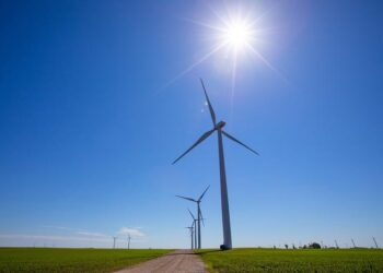Wind turbines over rural Iowa.
