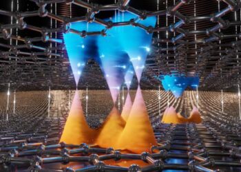 Artist’s representation of moving charges in naturally occurring bilayer graphene.