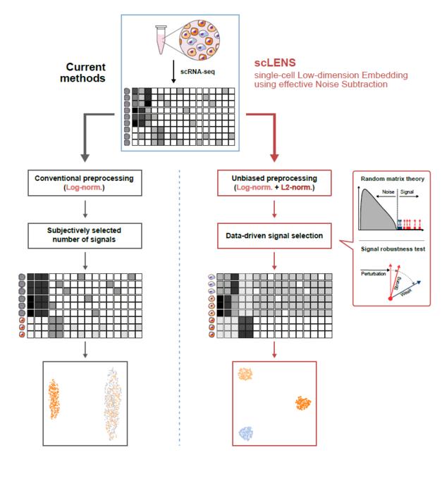 Figure 1. Overview of scLENS (single-cell Low-dimensional embedding using the effective Noise Subtract)