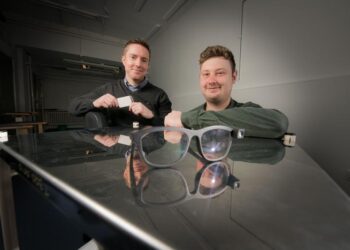 Professor Alan Godfrey and Jason Moore with video glasses to support fall risk assessment