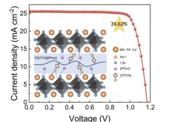 A diagram showing the structure of an inverted perovskite solar cell with a polymer ionic liquid modification