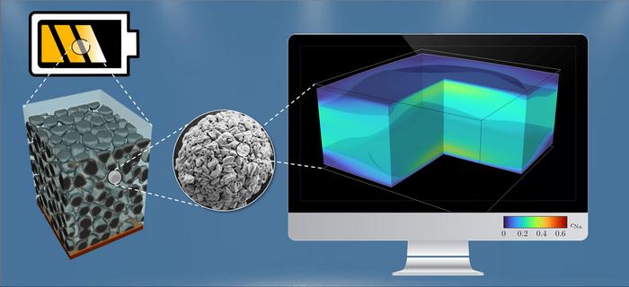 Cathode layer consisting of spherical particles and simulation of the sodium fraction. (For the detailed caption, see the end of the text. Graphics: Simon Daubner, KIT)