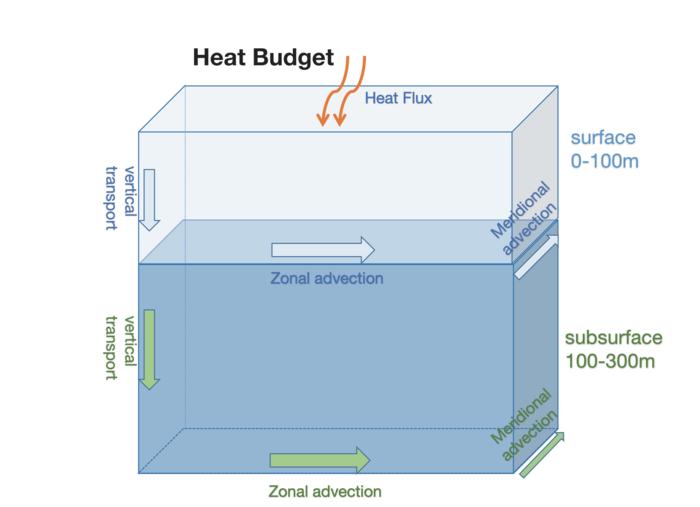 Ocean surface (0-100m) and subsurface (100-300m) heat budget in the"Blob" region (40°-50°N, 150°-130°W).