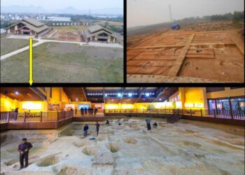 Topographic map showing the locations of the archaeological sites of (a and c) Shangshan and (b) Hehuashan