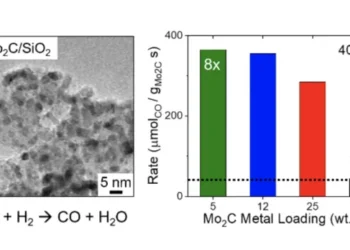 Beta phase molybdenum carbide (β-Mo2C) nanoparticles demonstrate increased catalytic activity in the reverse water gas shift (RWGS) reaction when embedded on a silicon dioxide (SiO2) support structure.
