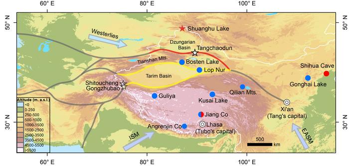 Ancient SR routes and the locations of climate proxy records and archaeological sites used in the study.