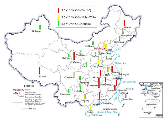 PM OPS IN NIOG VALUES FOR 31 MAJOR MAINLAND CHINESE CITIES (THREE CATEGORIES: RED FOR HIGH TOXICITY, YELLOW FOR MEDIUM, AND GREEN FOR LOW TOXICITY OF AMBIENT PM)