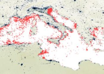Map of the Mediterranean Sea showing the locations of marine debris accumulations detected thanks to the European satellite Copernicus Sentinel-2.