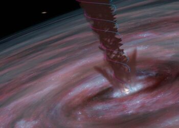 Illustration: A spiralling, dense wind, detected by ALMA, could help scientists understand why supermassive black holes are as massive as they are