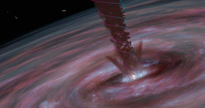 Illustration: A spiralling, dense wind, detected by ALMA, could help scientists understand why supermassive black holes are as massive as they are