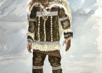 Artist impression of decorated tailored clothing in the Upper Paleolithic