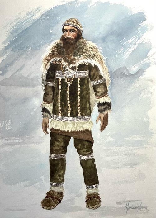 Artist impression of decorated tailored clothing in the Upper Paleolithic