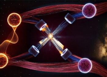 Artistic representation of the implemented photonic experiment in which entanglement between the polarizations of single photons is mediated by the independent degree of freedom of the photon path.