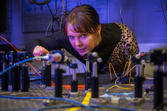 Dr Fiona Fleming optically aligning a quantum sensing system