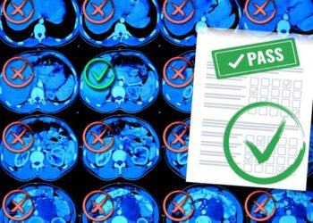 An Image of brain scans from an MRI with an overlay of a quiz that reads “pass” with a green check mark.