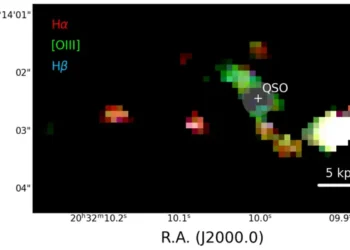Map of the line emission of hydrogen and oxygen in the PJ308-21 system