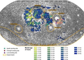 Fig. 1. Locations of samples returned from the Moon. Model ages of mare deposits [1] were based on superposed crater densities and the Neukum crater chronology [23]. The Moon had a much higher impact flux before the visible lunar mare were emplaced, but t