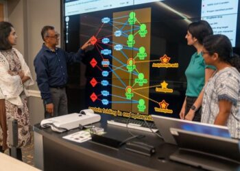 Computer science research team (from left) Nure Tasnina, T.M. Murali, Maryam Haghani, and Blessy Antony will help build predictive models based on machine learning to further research into pathogens that could jump species barriers and lead to infectious