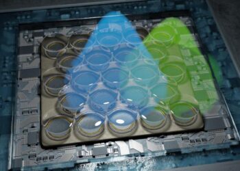 Representation of the highly sensitive detector that is part of the newly developed fluorescence microscope. It consists of 23 individual detectors, enabling the resolution to be doubled.