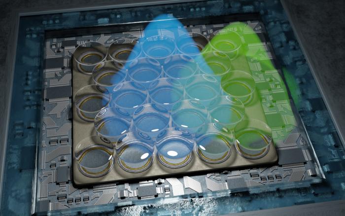 Representation of the highly sensitive detector that is part of the newly developed fluorescence microscope. It consists of 23 individual detectors, enabling the resolution to be doubled.