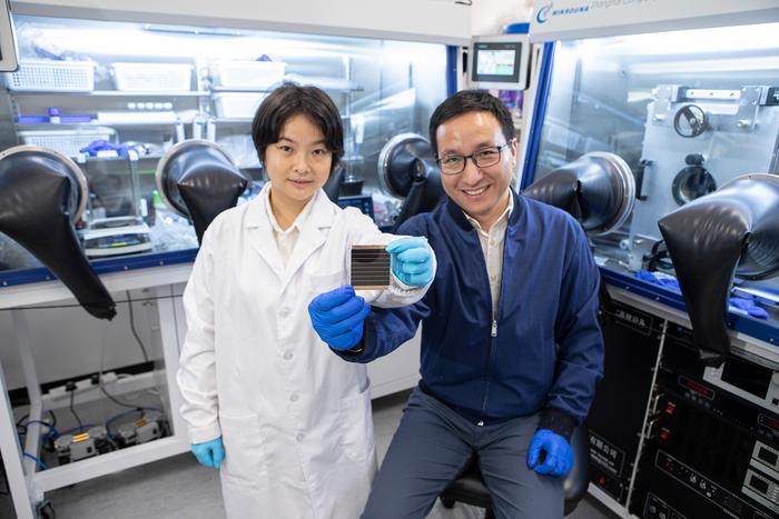 Prof. ZHOU Yuanyuan (right) and Dr. DUAN Tianwei (left) holding their newly developed perovskite solar cell.