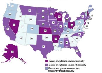 Fee-for-service Medicaid coverage of routine eye exams and glasses for adult enrollees, by state, 2022