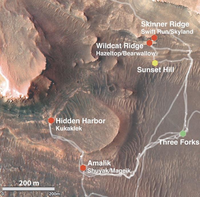 Collection sites in Jezero crater sediment fan