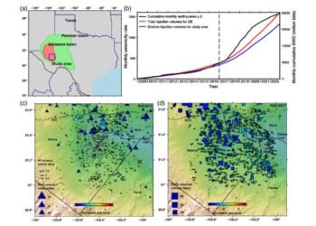 Map of the Permian Basin (green) and the Delaware Basin (DB) (red); the blue box marks the study area.