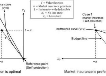 The left panel displays indifference curves describing the optimality of staying on the reference point, whereas the right panel shows the indifference curve of the preference for cyber-insurance
