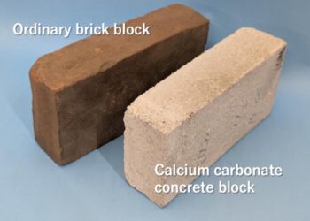 Calcium carbonate brick (on the right) compared to a regular brick (on the left).