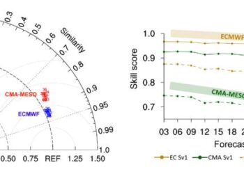 Vector field evaluation diagram and Sv1 and Sv2 skill scores of the vector wind field at lead times of 3–36 h in the CMA-MESO model and ECMWF model in East China in 2022.
