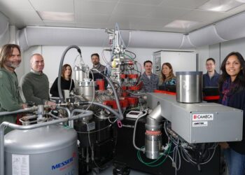The research team in front of the CryoNanoSIMS instrument.