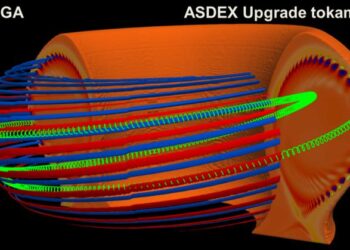 3D visualization of an ELM in the ASDEX Upgrade tokamk as simulated with the MEGA code.