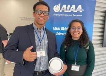 Philip Wilson and Khushi Piparava at the American Institute of Aeronautics and Astronautics conference in Stillwater, Okla.