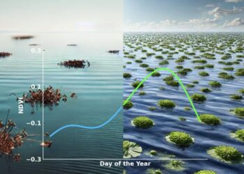 An illustration depicting seasonal changes in floating vegetation