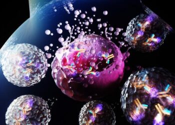 3D rendering of antibody-toxin conjugate attacking cancer cell