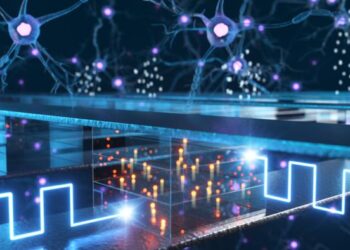 A schematic representation of in-memory computing using electrochemical memory devices (ECRAMs) arranged in a cross-point array structure, mimicking the way synapses in the brain process information