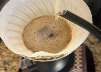 Pour-over coffee is made by flowing a strong, laminar water jet