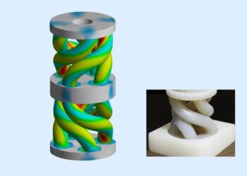 The model shows the helical deformation of the metamaterial. Thanks to this mechanism, storing a high amount of energy is possible without breakages. (Illustrations: IAM, KIT / Collage: Anja Sefrin, KIT)