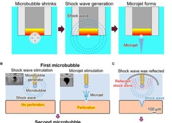 The principle of needle-free injection based on the reflection of shock waves through microbubble dynamics.