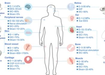 Typical applications of implantable bioelectronics for healthcare toward organs/tissues with different biomechanical feature.