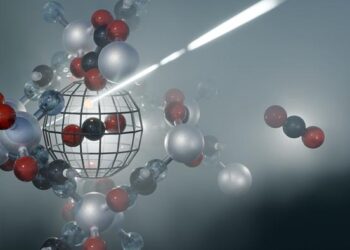 Artistic representation of CO2 capture from a moisture-laden gas stream using CALF-20, a zinc-based metal-organic framework.