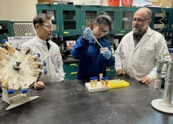 Doctoral student Meng Ji working in the lab with Stevens professors Xiaoguang Meng and Christos Christodoulatos.