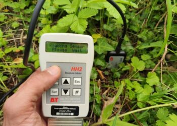 Handheld device for measuring soil moisture levels in the field.