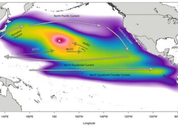 Density cloud of particle locations throughout the modeled backtracking period from Manawai (Pearl and Hermes) Atoll, Hawai‘i.