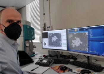 Dr Erb-Satullo analysing electron microscope images