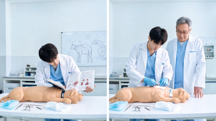 Initial surgical performance in veterinary training: theoretical instruction modality and practical outcomes before and after instructor-led demonstration