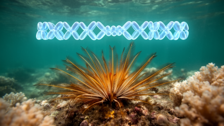 Feather star’s near-complete genome reveals extreme chromosome fusion and coral reef survival tricks
