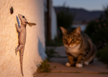 Invasive Moorish gecko in Chile eats moths and beetles while cats stalk it as a probable predator